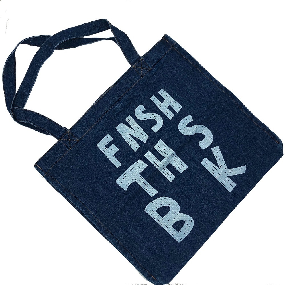 Minimalist Denim Tote Blue Canvas Book Worm Readers Bag School College Gifts